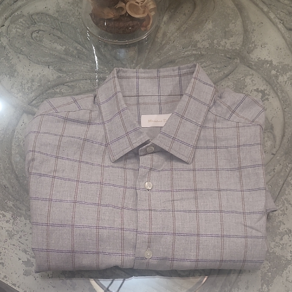 Massimo Dutti Men's Gray Checkered Cotton Twill Dress Shirt Large  New - Picture 2 of 8